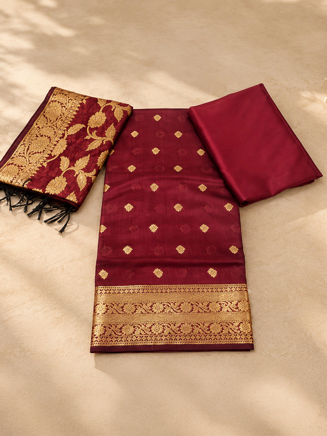 Maroon Woven Design Banarasi Chanderi Unstitched Dress Material