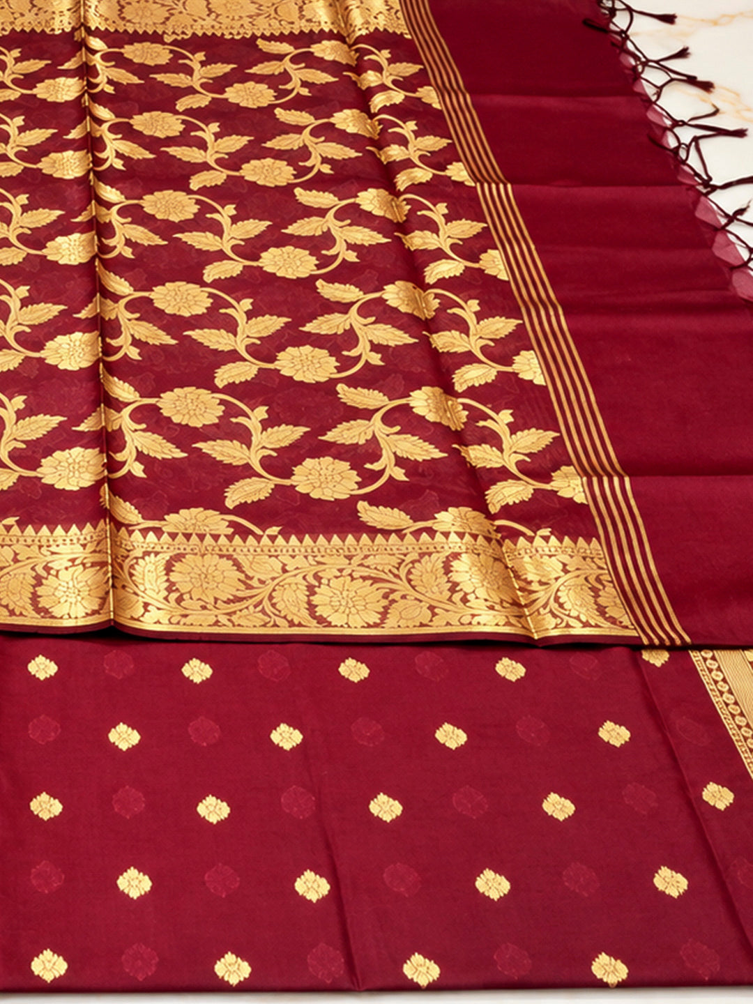 Maroon Woven Design Banarasi Chanderi Unstitched Dress Material