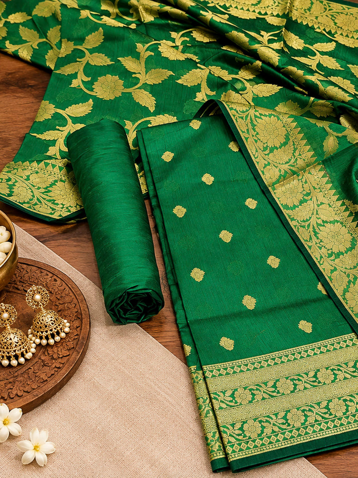 Green Woven Design Banarasi Chanderi Unstitched Dress Material
