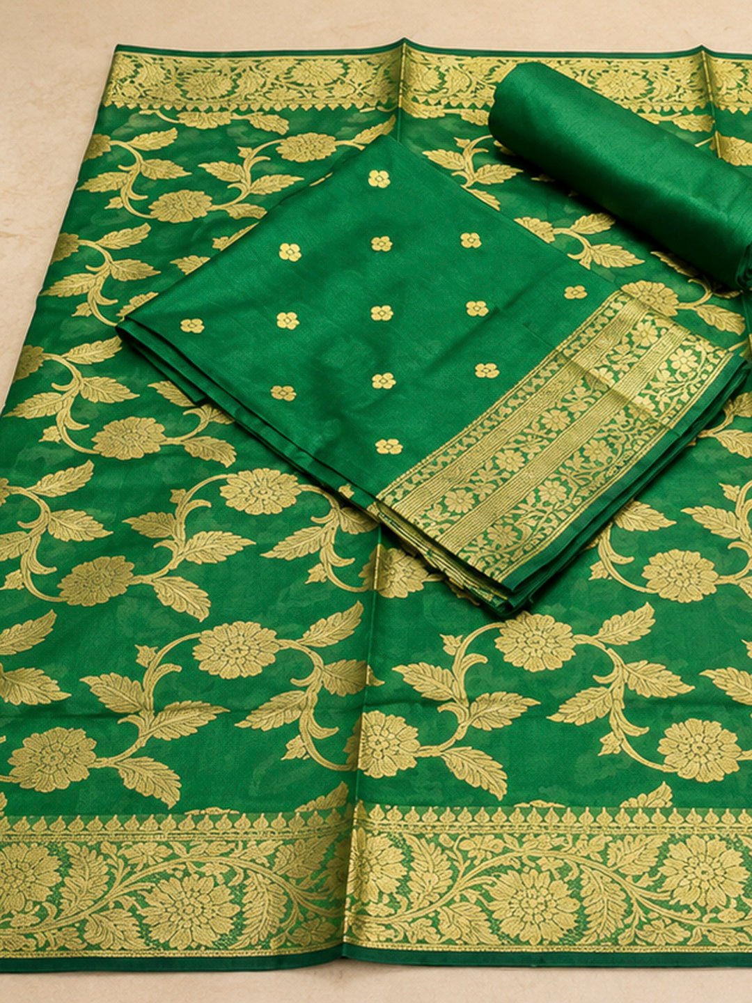 Green Woven Design Banarasi Chanderi Unstitched Dress Material