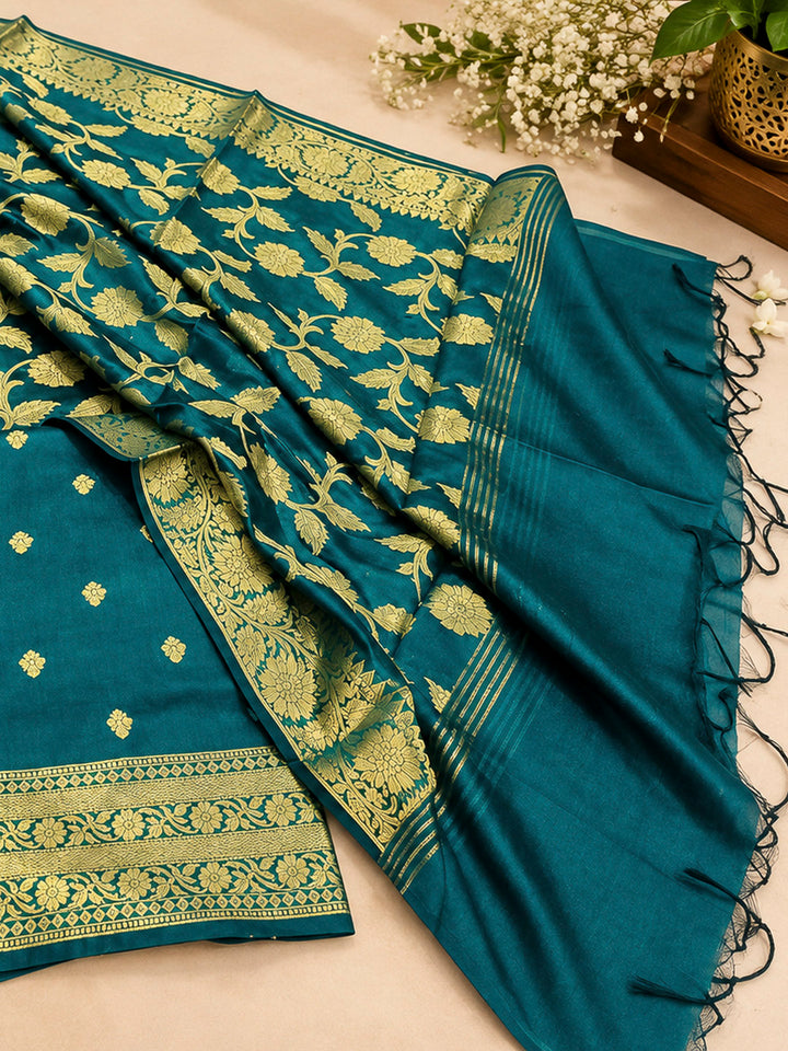 Blue Woven Design Banarasi Chanderi Unstitched Dress Material