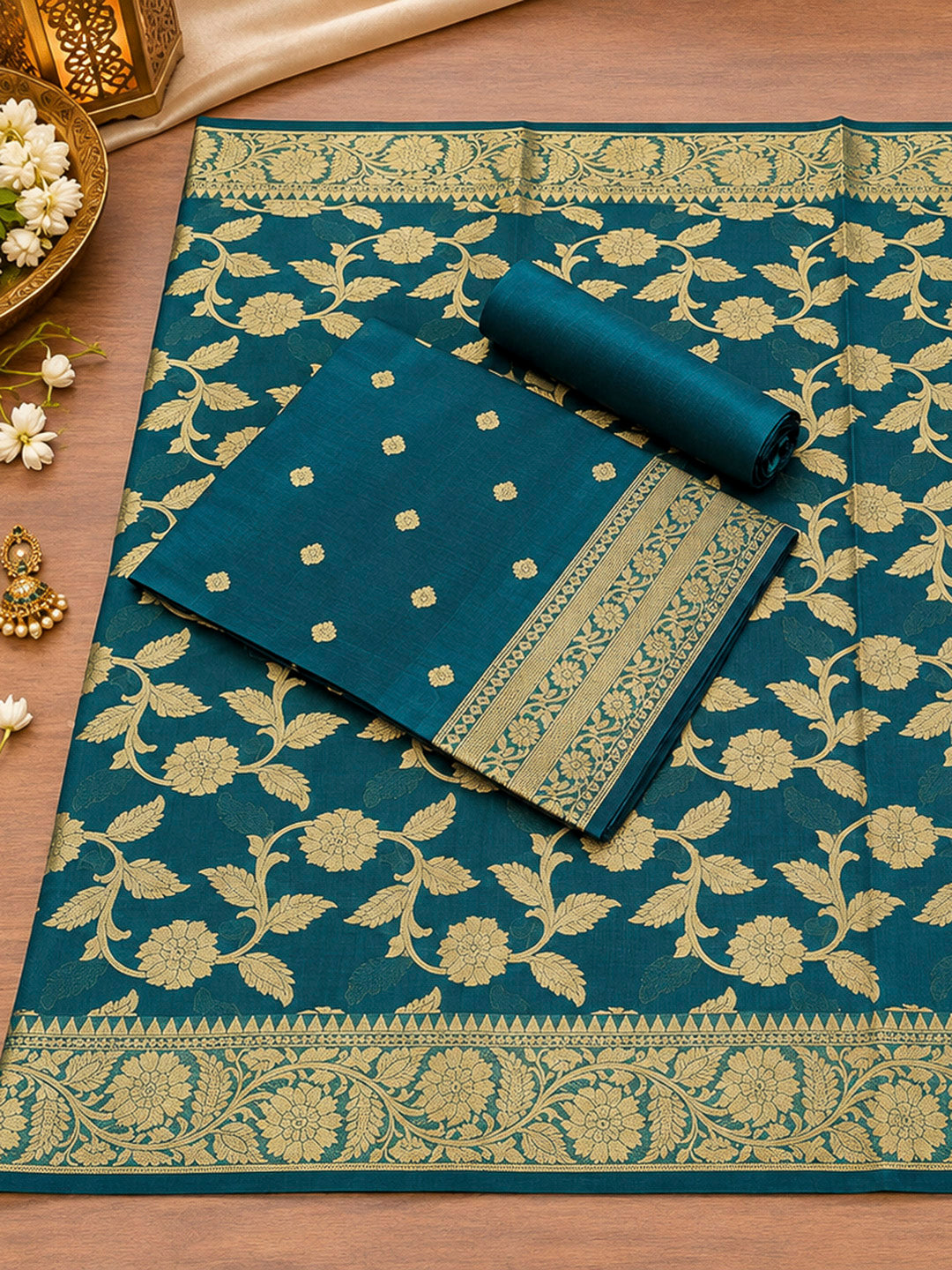Blue Woven Design Banarasi Chanderi Unstitched Dress Material