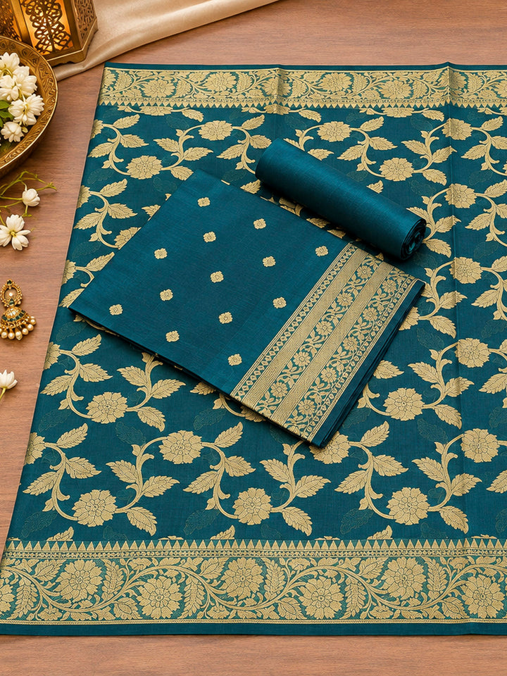 Blue Woven Design Banarasi Chanderi Unstitched Dress Material