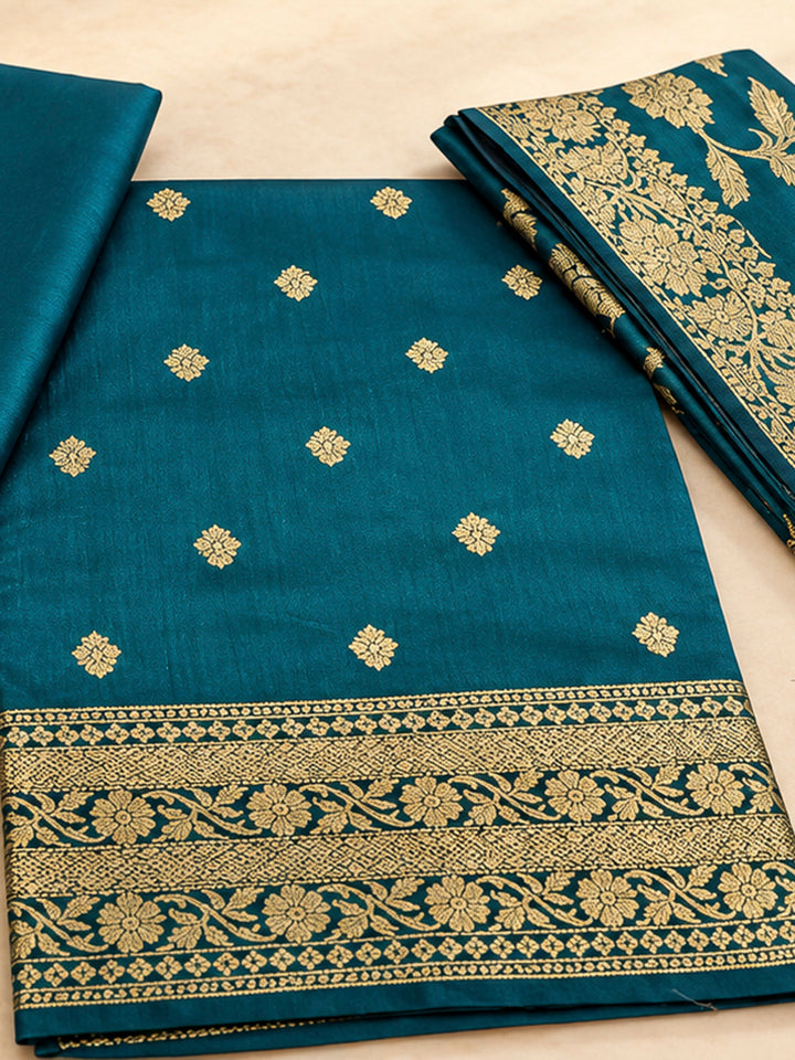 Blue Woven Design Banarasi Chanderi Unstitched Dress Material