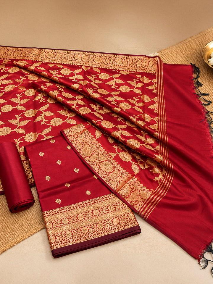 Red Woven Design Banarasi Chanderi Unstitched Dress Material