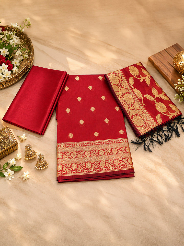 Red Woven Design Banarasi Chanderi Unstitched Dress Material
