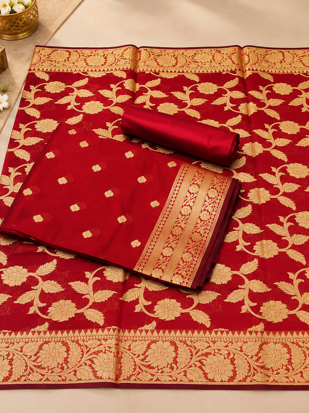 Red Woven Design Banarasi Chanderi Unstitched Dress Material