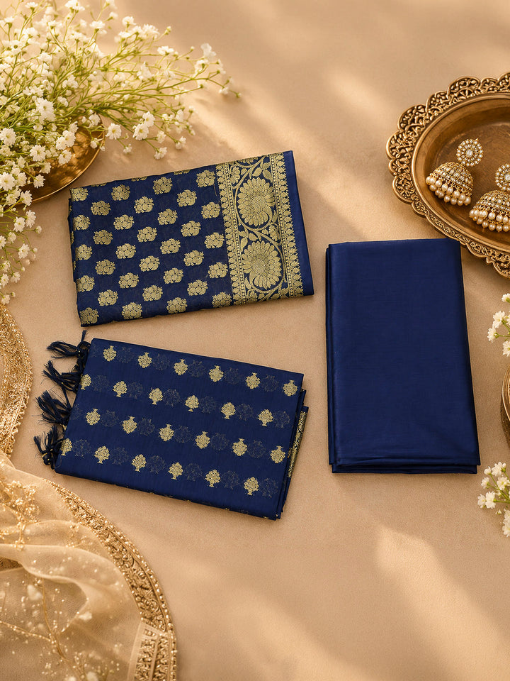 Navy Blue Woven Design Banarasi Chanderi Unstitched Dress Material
