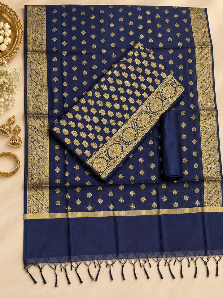 Navy Blue Woven Design Banarasi Chanderi Unstitched Dress Material