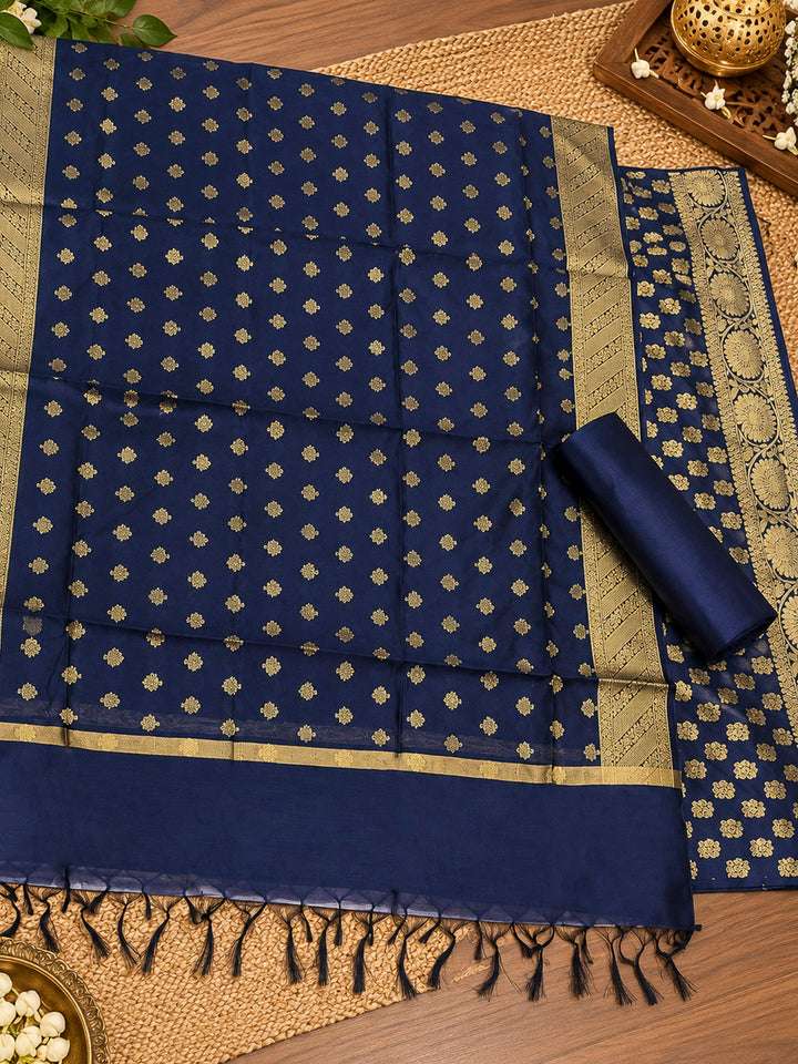 Navy Blue Woven Design Banarasi Chanderi Unstitched Dress Material