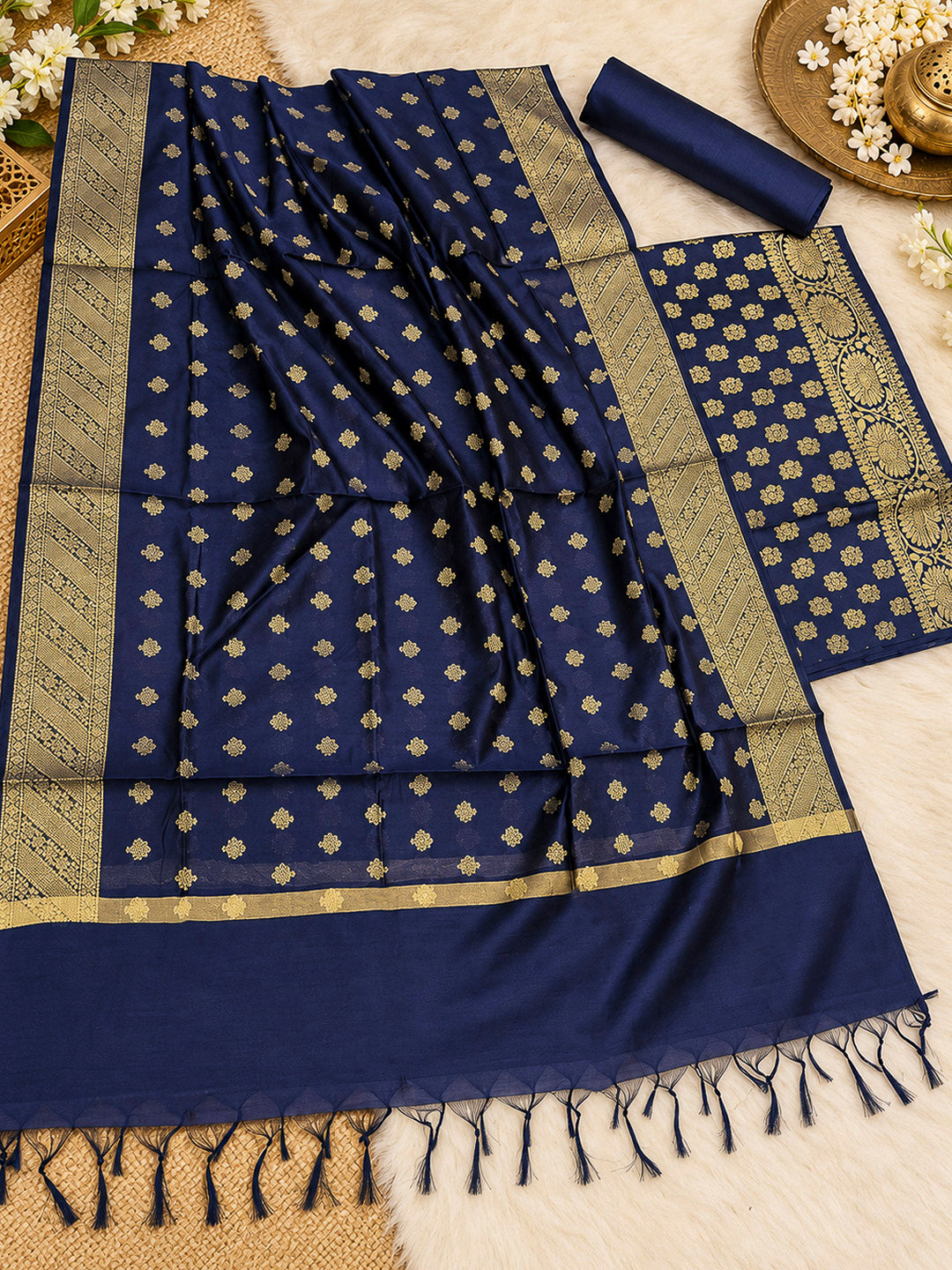 Navy Blue Woven Design Banarasi Chanderi Unstitched Dress Material