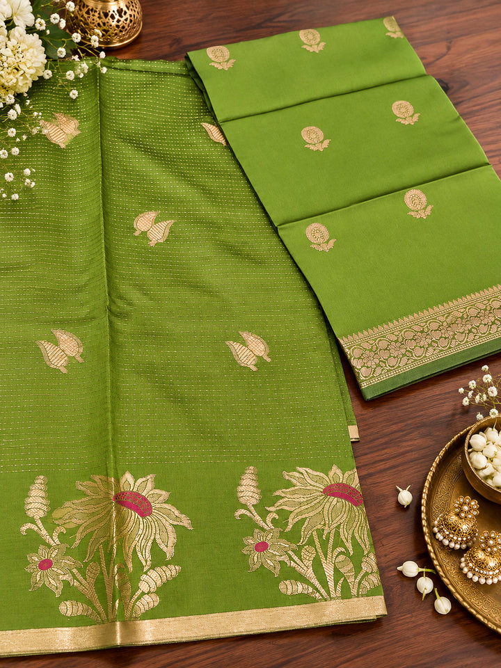 Green Woven Design Art Silk Unstitched Dress Material