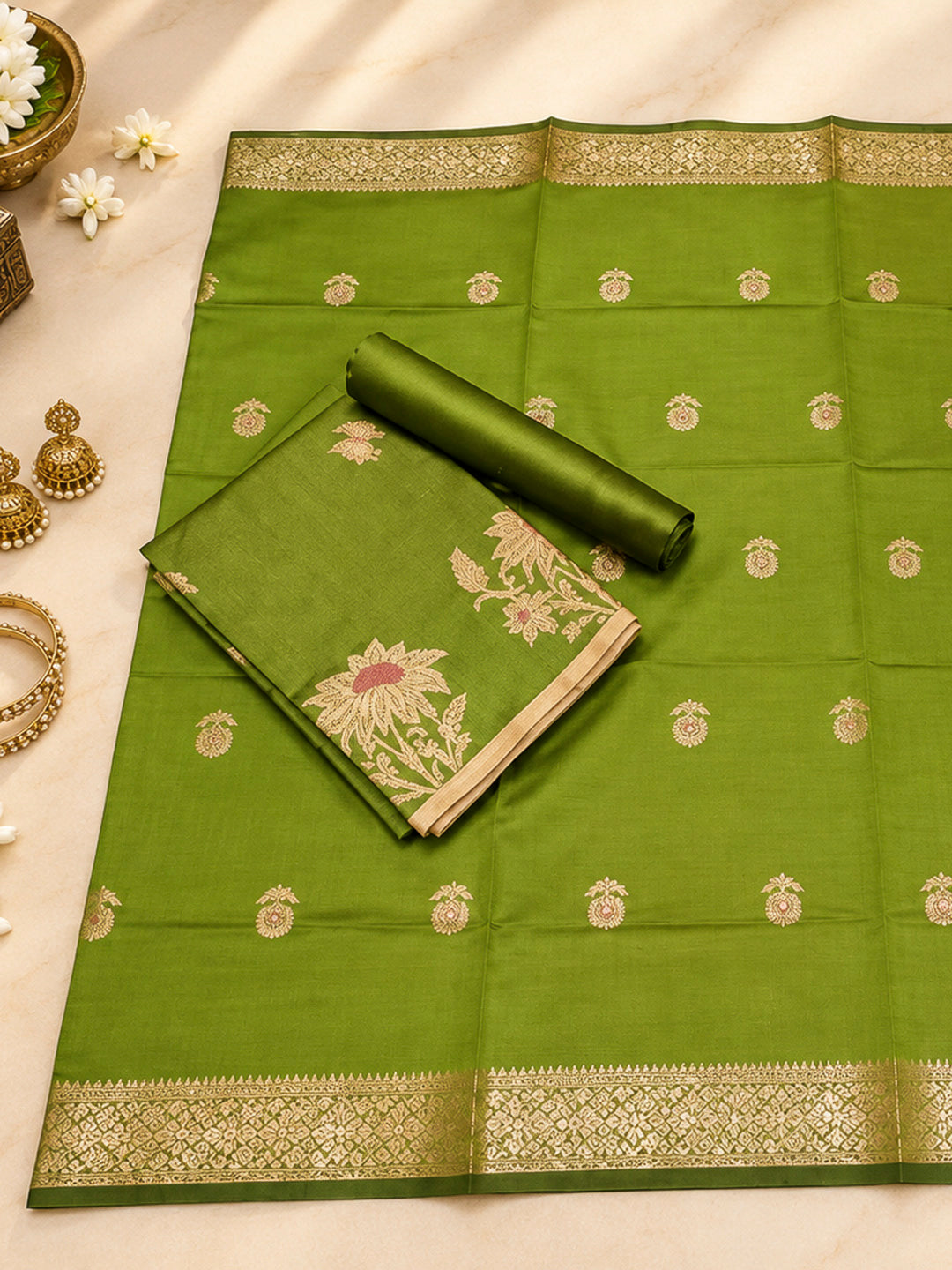 Green Woven Design Art Silk Unstitched Dress Material