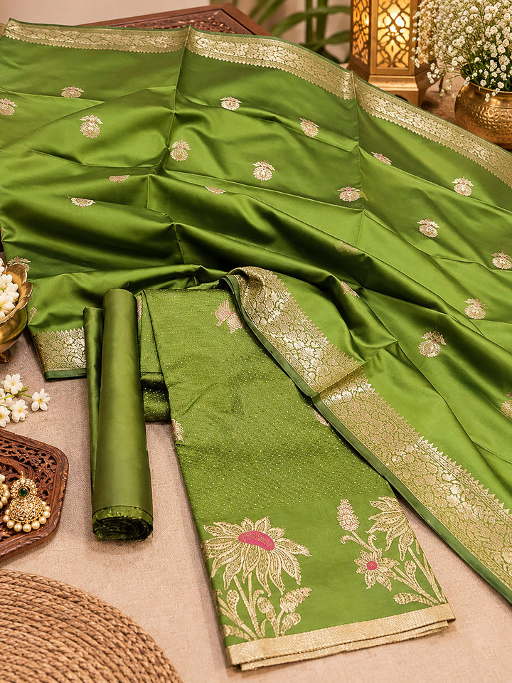 Green Woven Design Art Silk Unstitched Dress Material