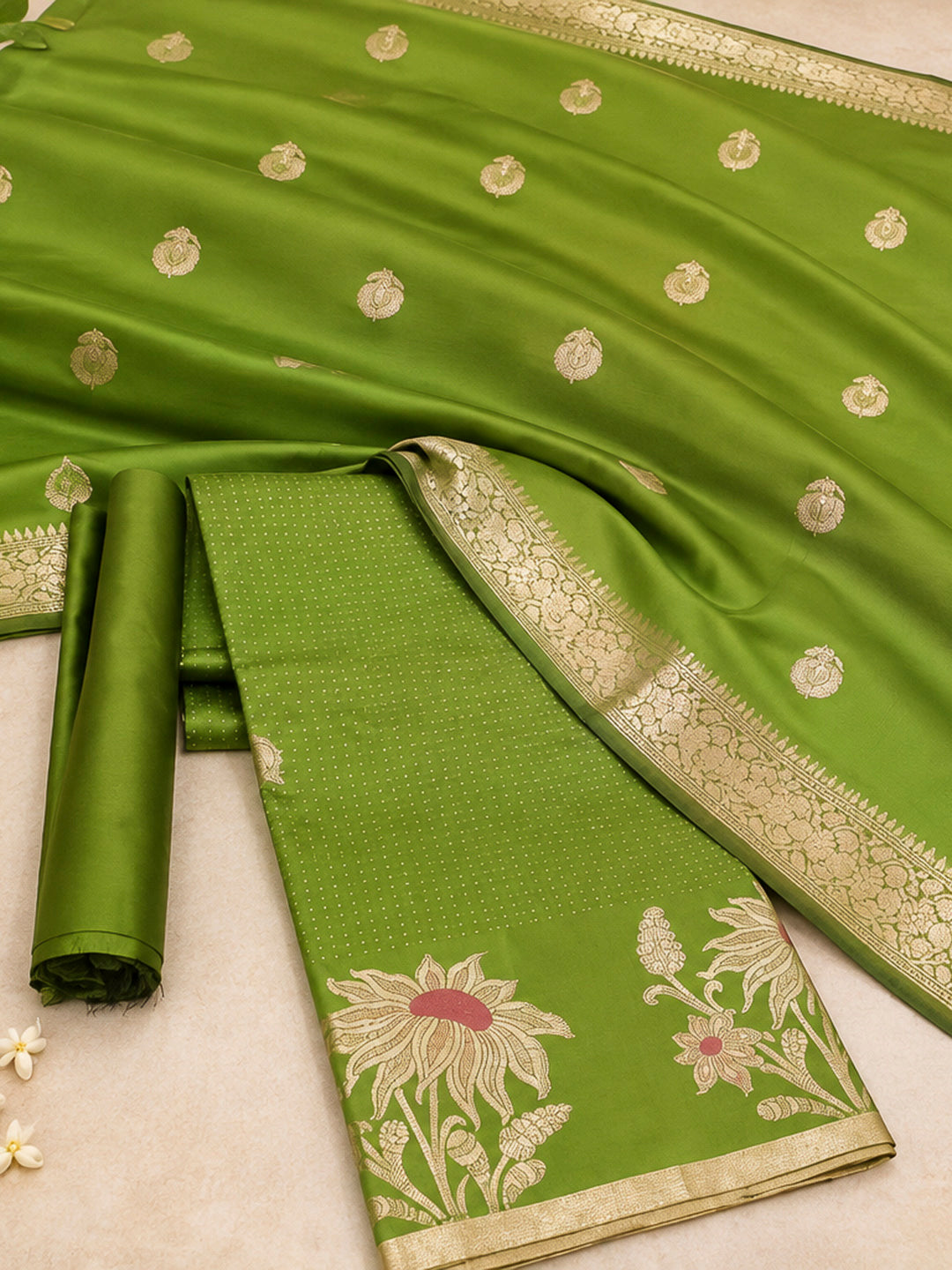 Green Woven Design Art Silk Unstitched Dress Material