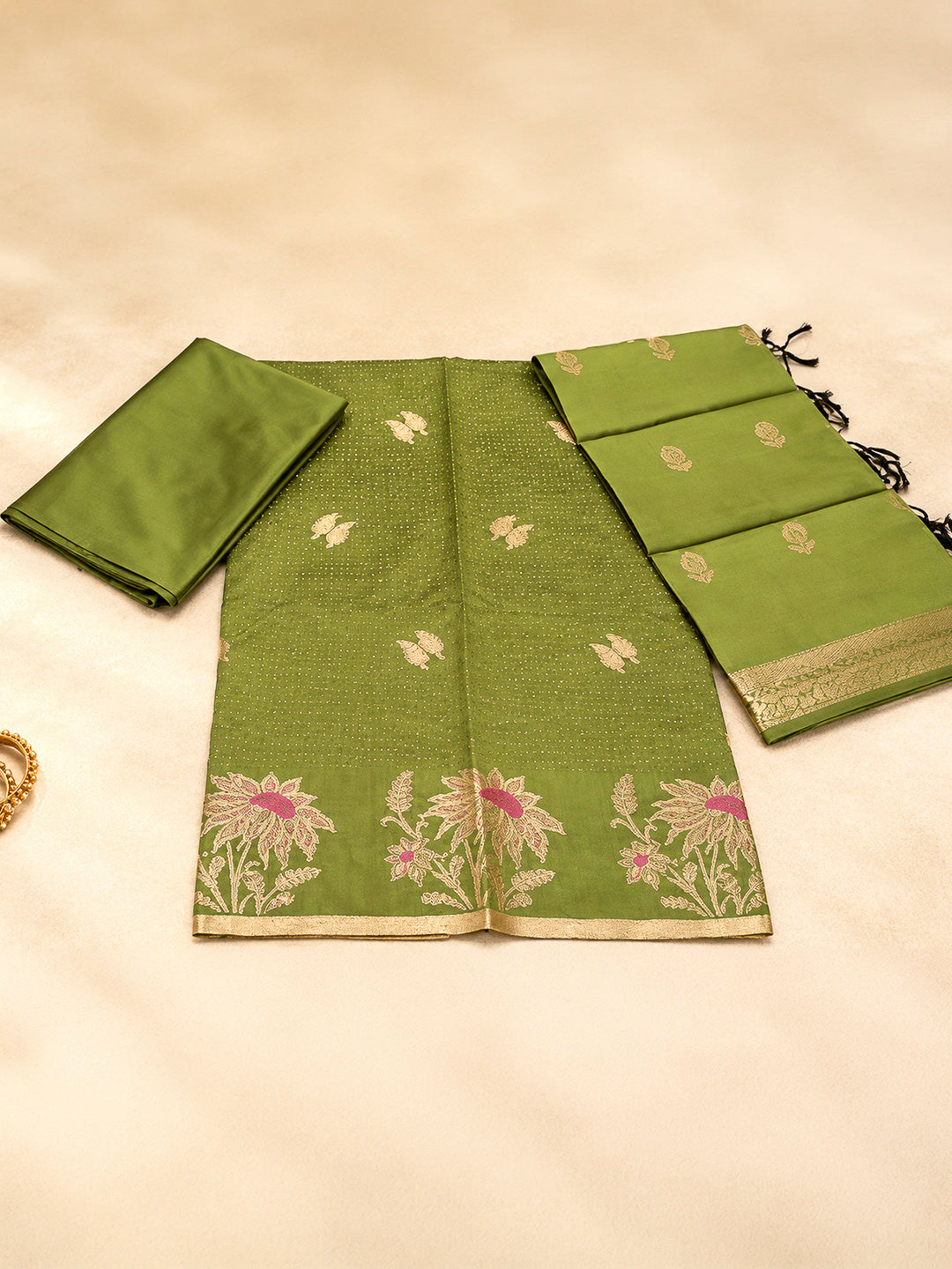 Green Woven Design Art Silk Unstitched Dress Material