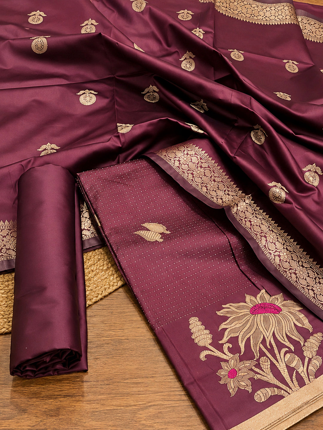 Maroon Woven Design Art Silk Unstitched Dress Material