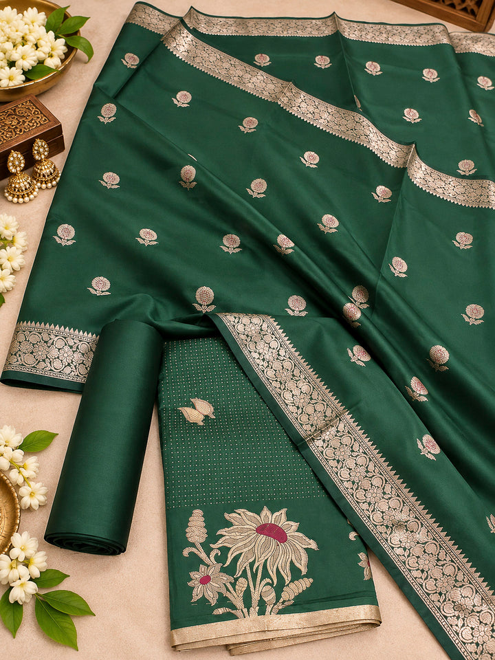 Bottle Green Woven Design Art Silk Unstitched Dress Material