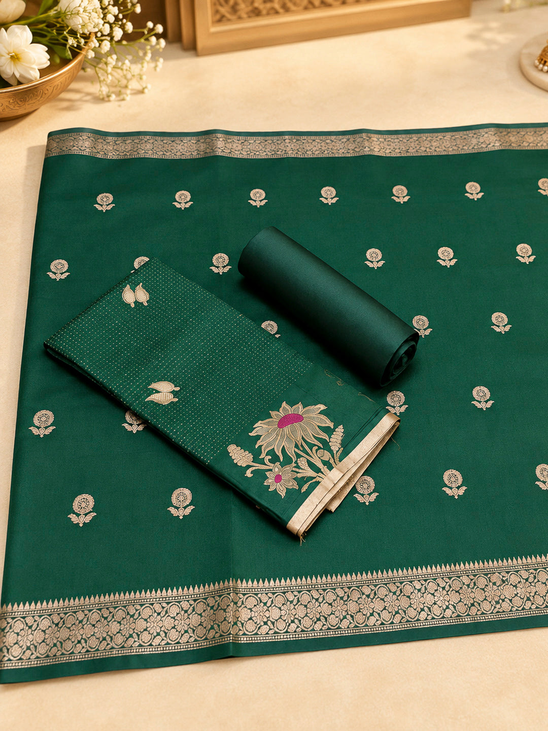 Bottle Green Woven Design Art Silk Unstitched Dress Material
