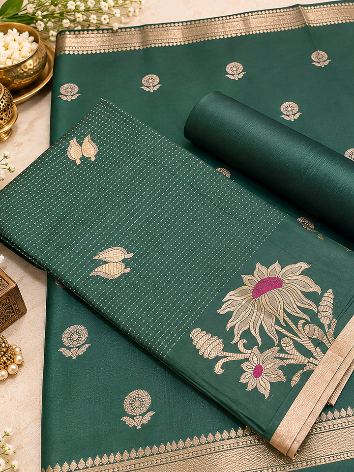 Bottle Green Woven Design Art Silk Unstitched Dress Material