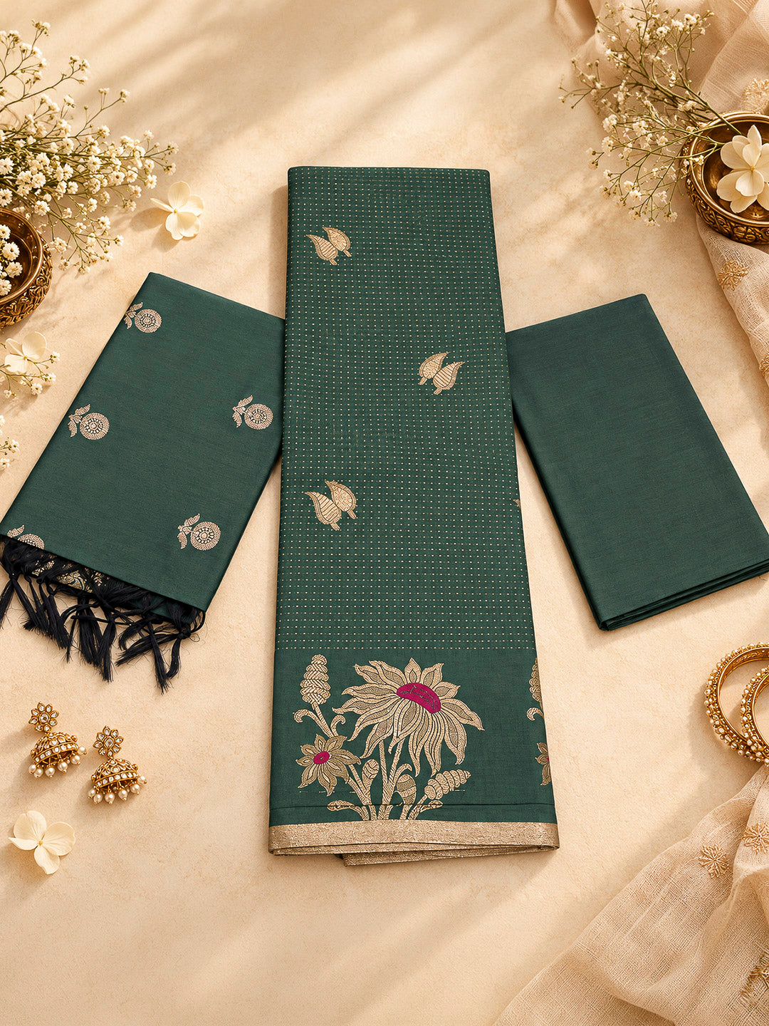 Bottle Green Woven Design Art Silk Unstitched Dress Material