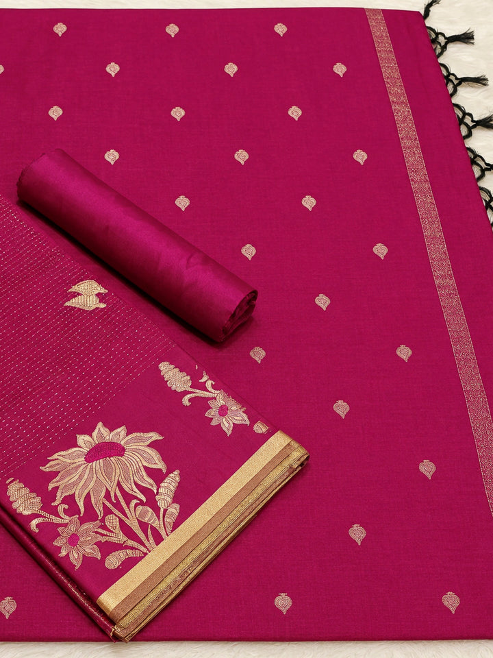 Rani-Pink Woven Design Art Silk Unstitched Dress Material