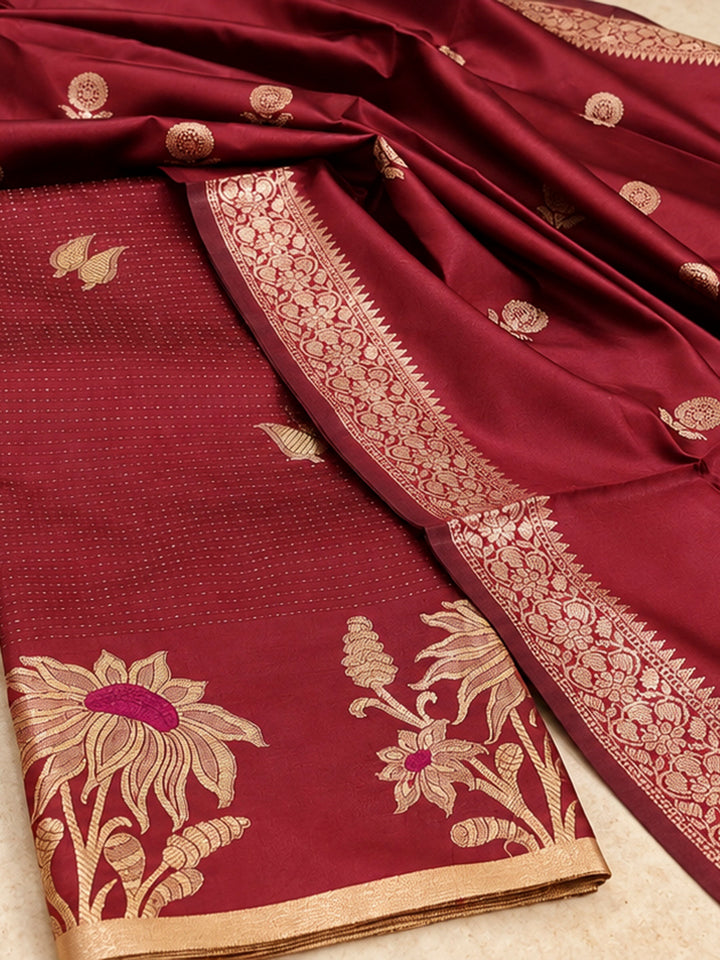 Red Woven Design Art Silk Unstitched Dress Material