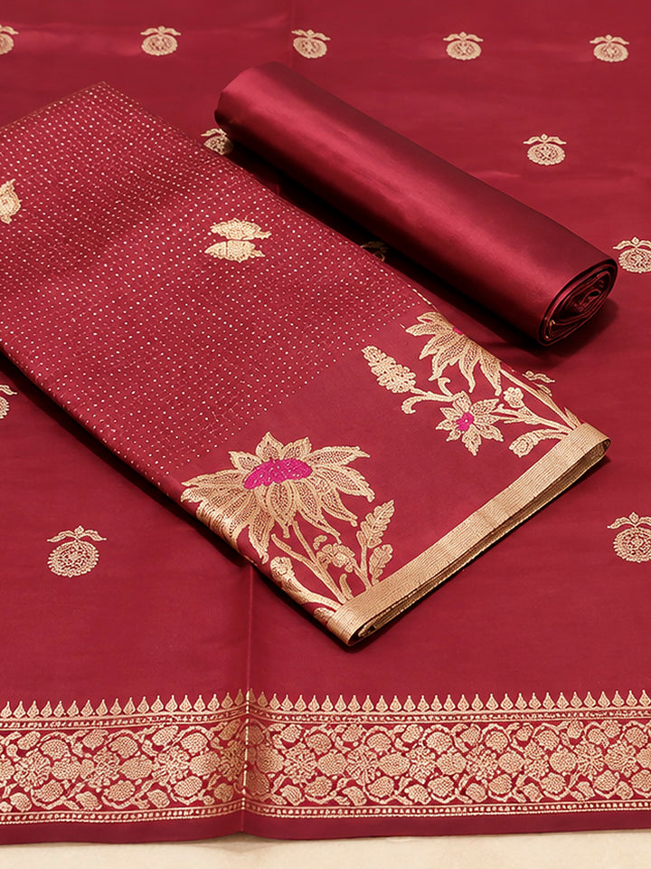 Red Woven Design Art Silk Unstitched Dress Material