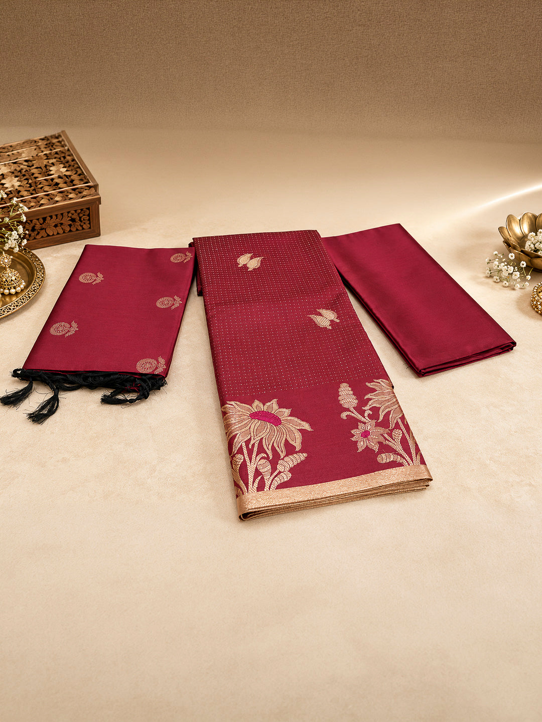 Red Woven Design Art Silk Unstitched Dress Material