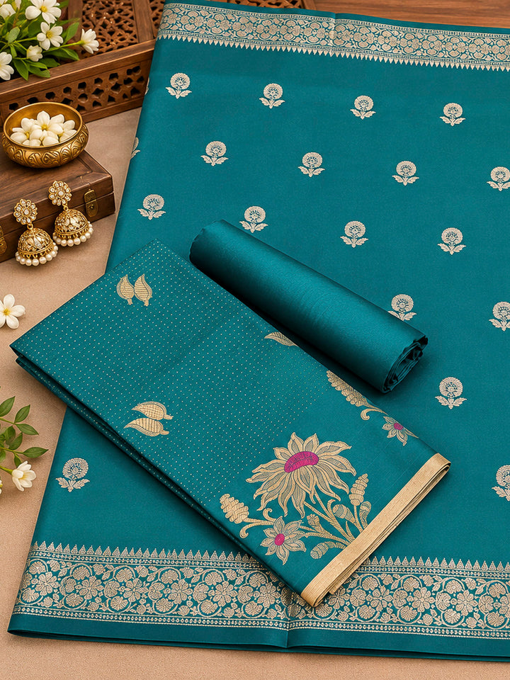 Blue Woven Design Art Silk Unstitched Dress Material