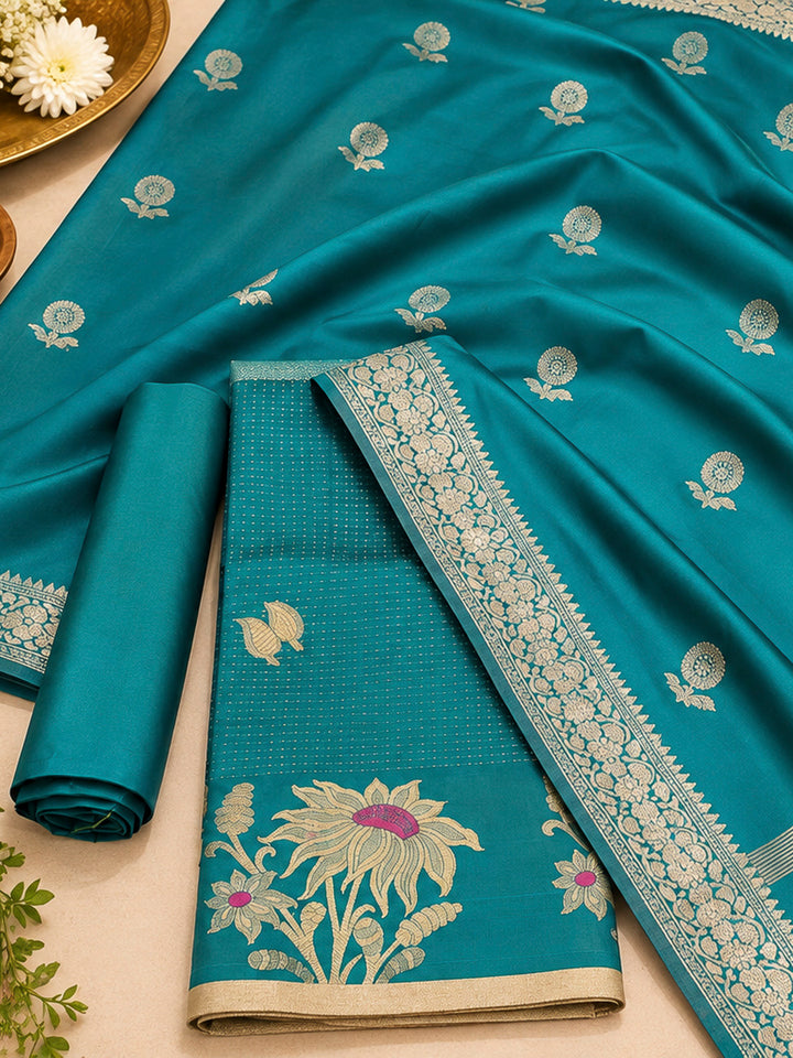 Blue Woven Design Art Silk Unstitched Dress Material