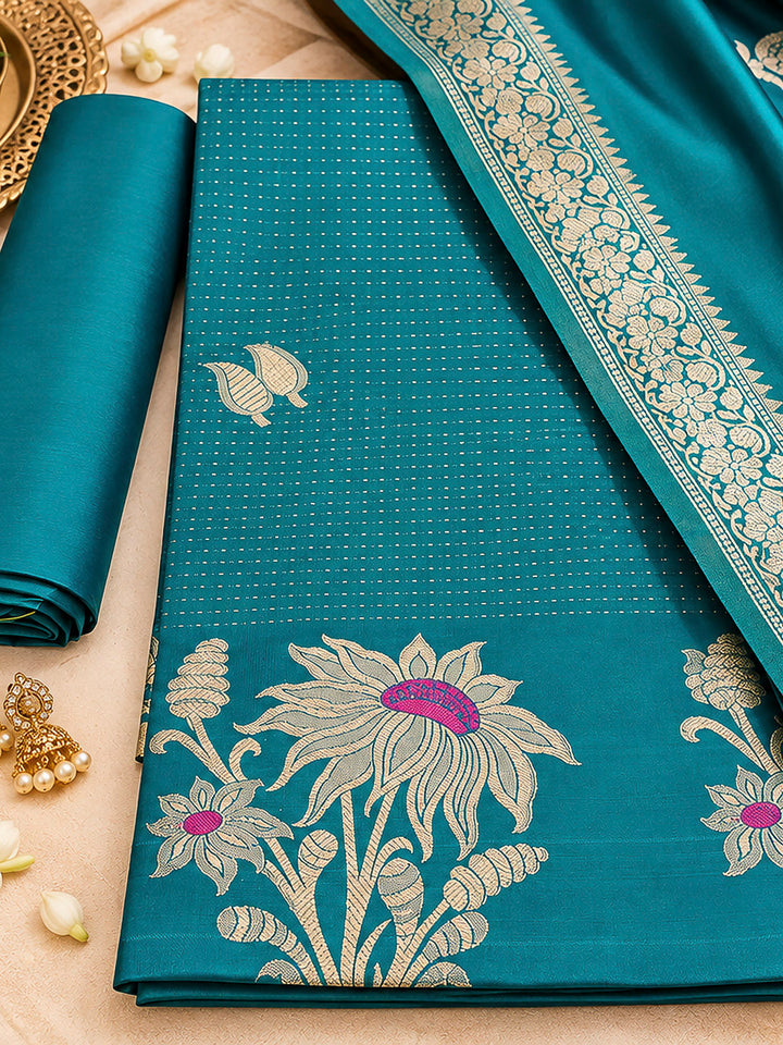 Blue Woven Design Art Silk Unstitched Dress Material