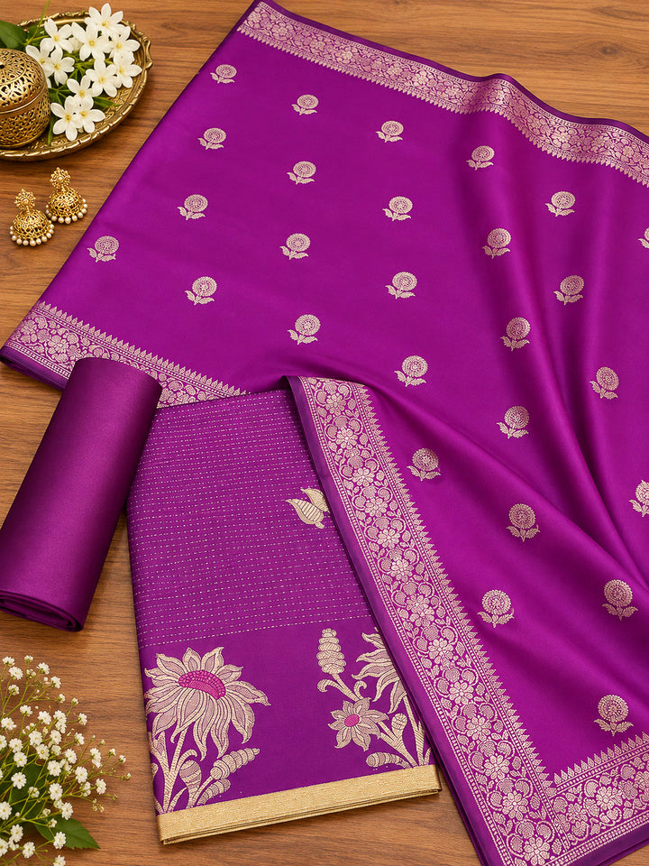 Purple Woven Design Art Silk Unstitched Dress Material