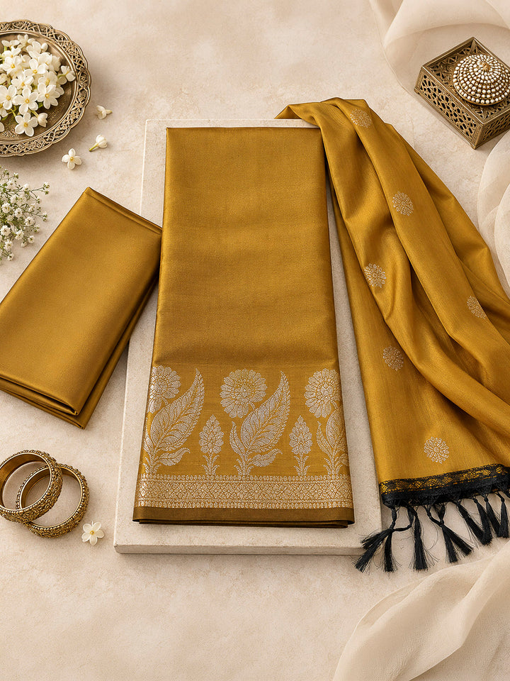 Mustard Woven Design Art Silk Unstitched Dress Material