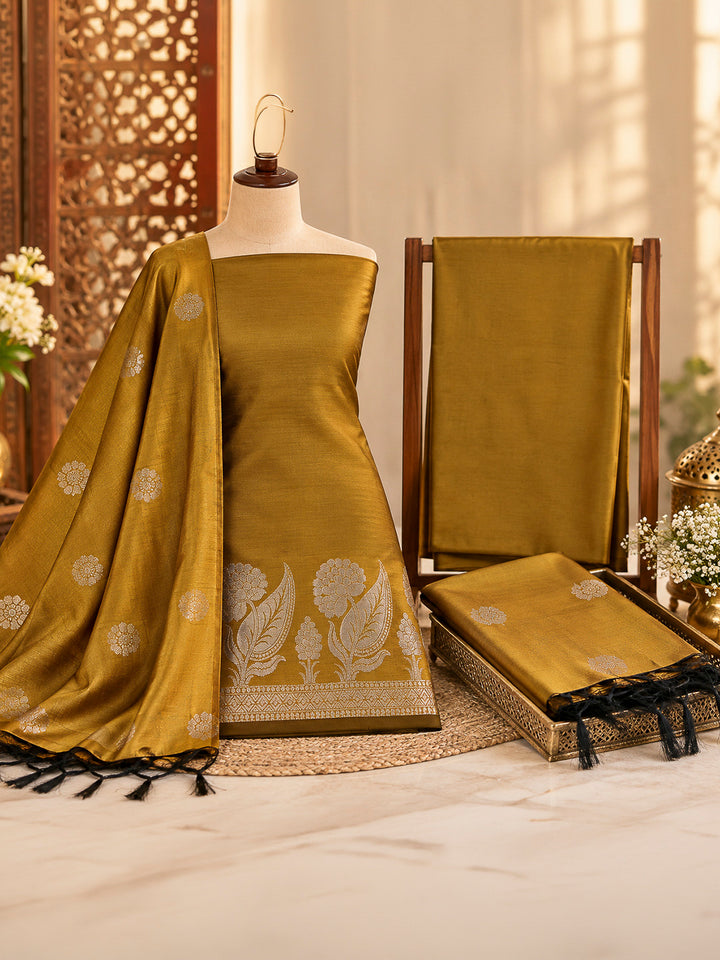 Mustard Woven Design Art Silk Unstitched Dress Material