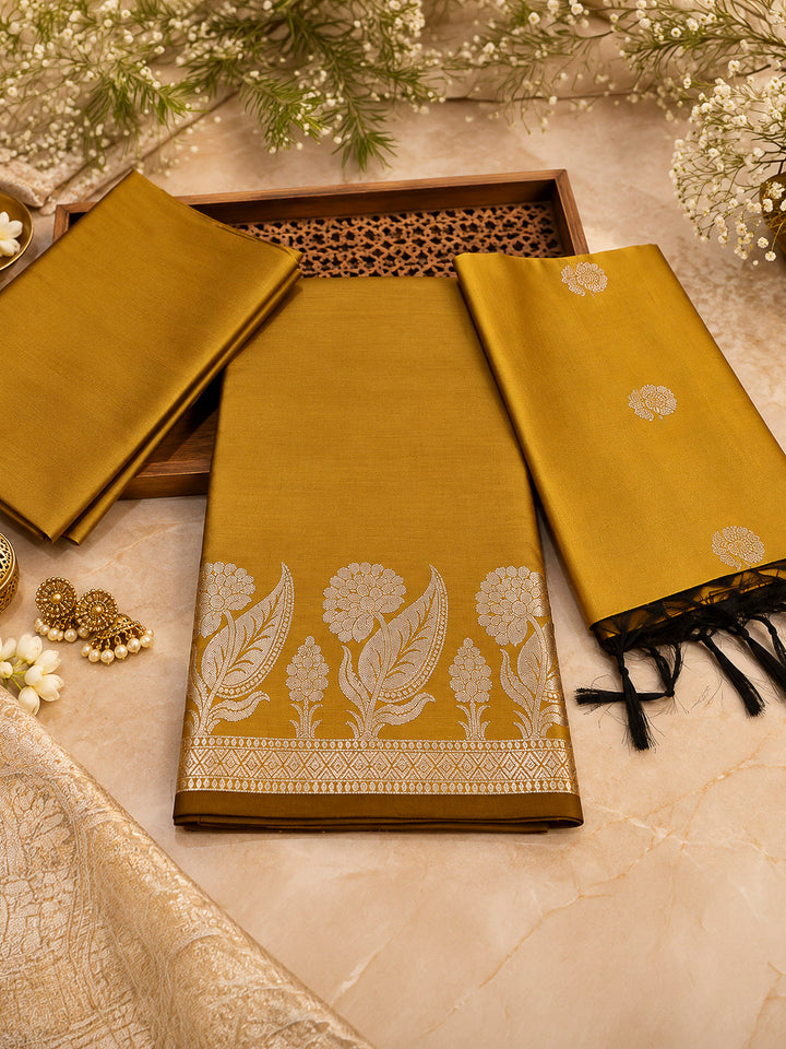 Mustard Woven Design Art Silk Unstitched Dress Material