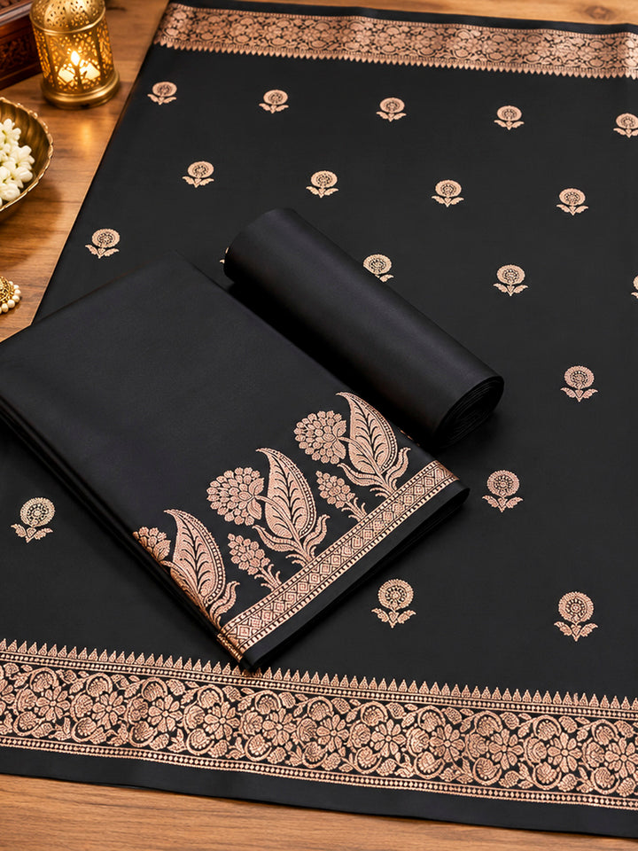 Black Woven Design Art Silk Unstitched Dress Material