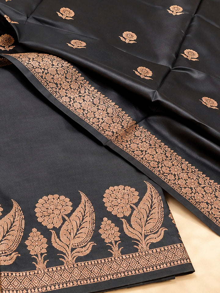 Black Woven Design Art Silk Unstitched Dress Material