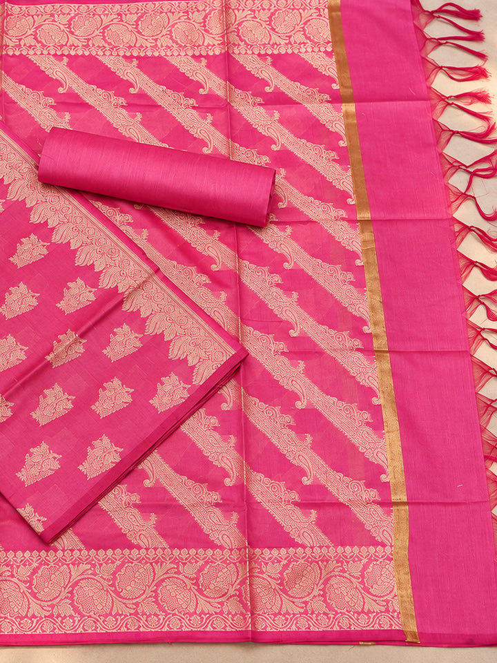 Pink Woven Design Banarasi Chanderi Unstitched Dress Material