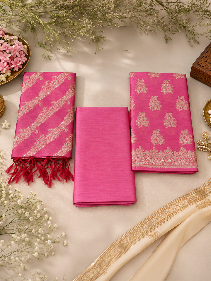 Pink Woven Design Banarasi Chanderi Unstitched Dress Material