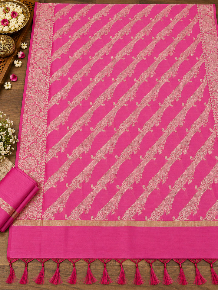 Pink Woven Design Banarasi Chanderi Unstitched Dress Material