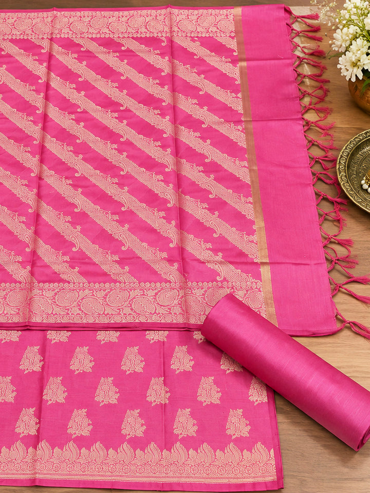 Pink Woven Design Banarasi Chanderi Unstitched Dress Material