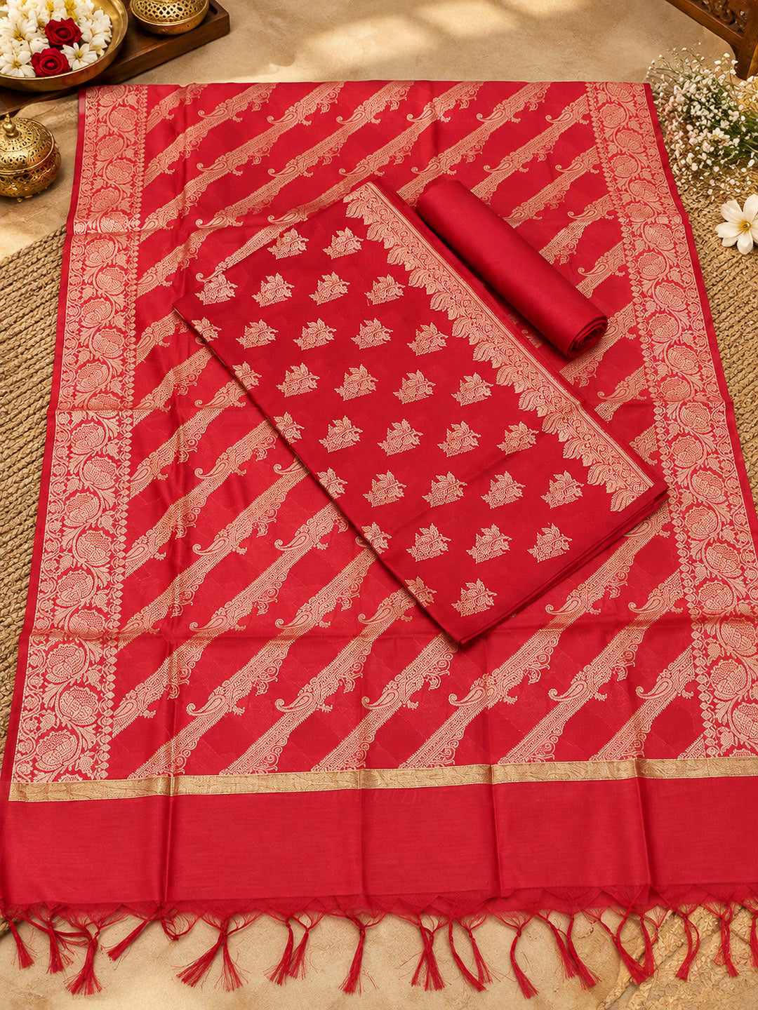Red Woven Design Banarasi Chanderi Unstitched Dress Material