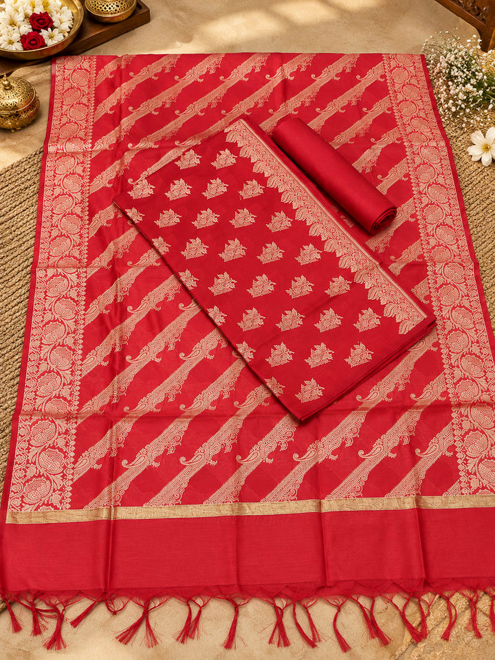 Red Woven Design Banarasi Chanderi Unstitched Dress Material