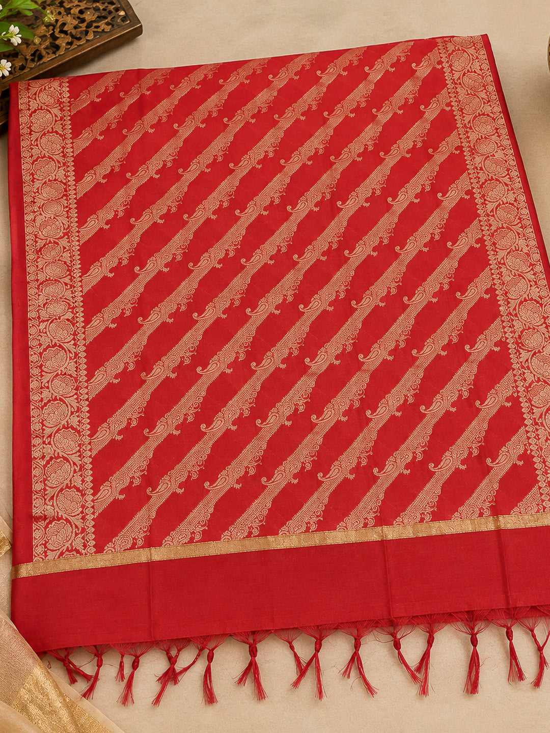 Red Woven Design Banarasi Chanderi Unstitched Dress Material