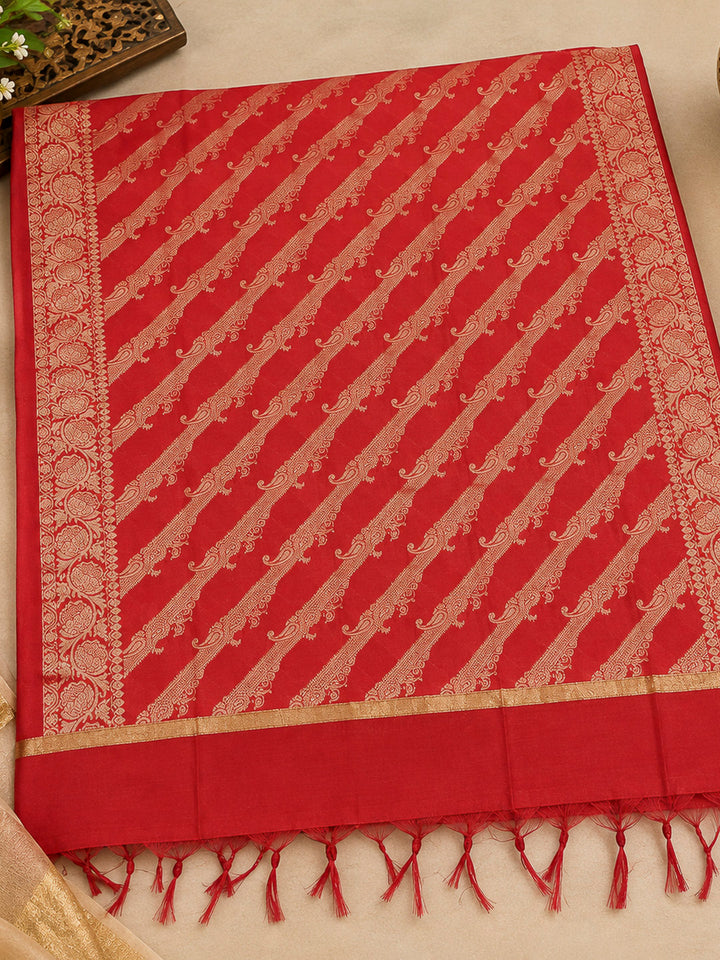 Red Woven Design Banarasi Chanderi Unstitched Dress Material
