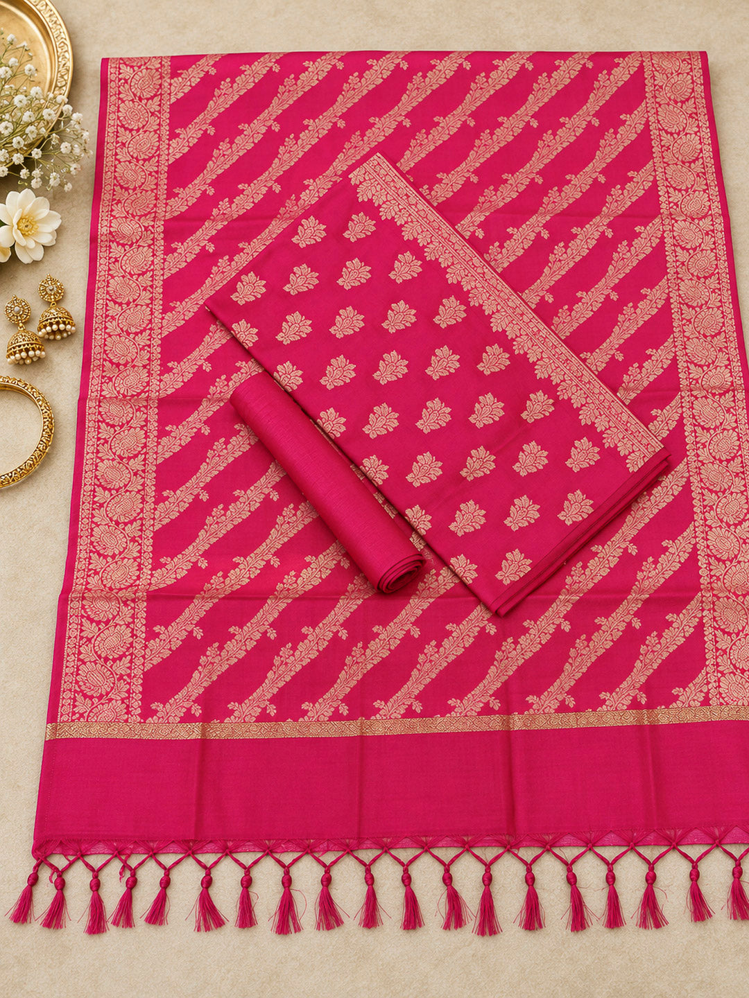 Rani-Pink Woven Design Banarasi Chanderi Unstitched Dress Material