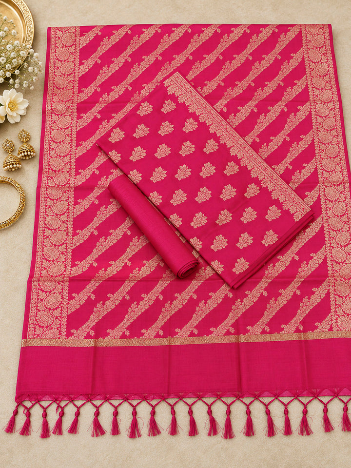 Rani-Pink Woven Design Banarasi Chanderi Unstitched Dress Material