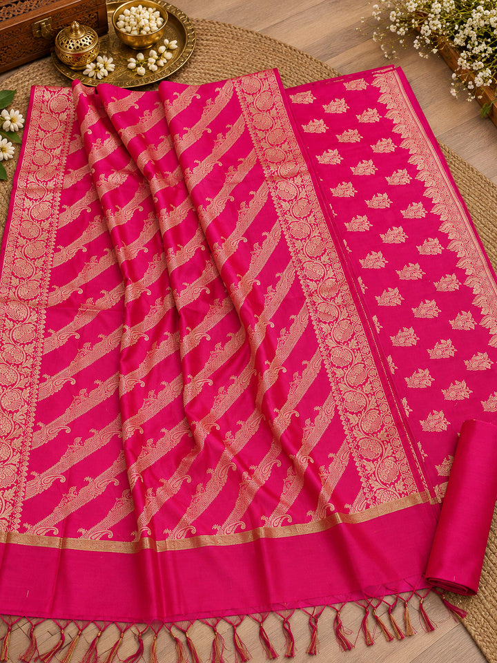 Rani-Pink Woven Design Banarasi Chanderi Unstitched Dress Material