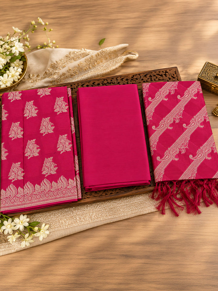 Rani-Pink Woven Design Banarasi Chanderi Unstitched Dress Material